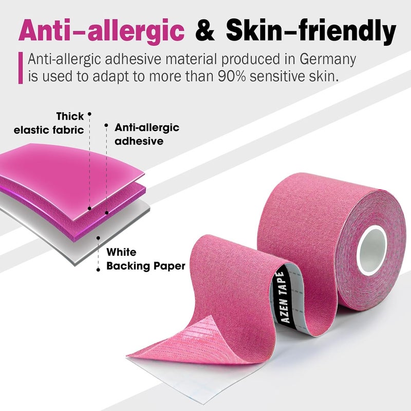 AZEN 3 Rolls Kinesiology Tape, 16.4 ft Waterproof Kinetic Tape for Joints Support and Muscle Pain Relief, Uncut Muscle Tape, Knee Tape, Athletic Tape, Pink - Image 4